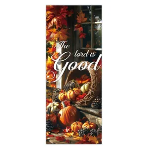 Detailed harvest banner showing pumpkins and The Lord is Good text on wood background