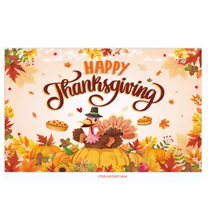 Detailed close-up of Thanksgiving tapestry featuring cartoon turkey and pumpkin harvest