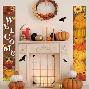 Vertical Thanksgiving porch banners with Welcome text and turkey pumpkin illustrations