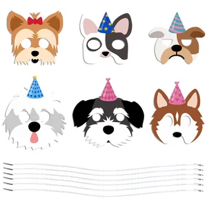 Set of 6 cartoon dog party masks with decorative hats and elastic strings for kids