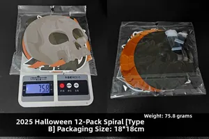Macro view of 12-piece Halloween spiral swirls set packaging with weight of 75.8g