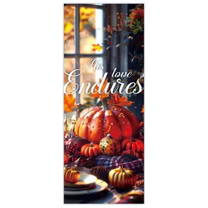 Vertical Harvest banner detail with pumpkins, maple leaves and His love Endures text