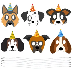 Detailed set of 6 cartoon dog paper party masks with hats and elastic strings for kids