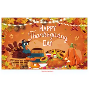 Detail of Thanksgiving tapestry featuring a cartoon turkey, pumpkins and festive lights