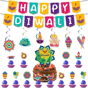 Details zum Happy Diwali Party-Set mit Banner, Spiralen und festlichen Tortenaufsätzen