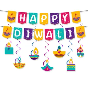 Happy Diwali Banner And Hanging Spirals Decoration Paper Diya Lamp Ornament For Festival Party Venue Layout Indian Backdrop