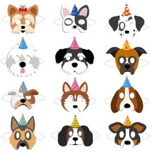 Set of 12 cartoon dog party masks with colorful festive hats and elastic straps