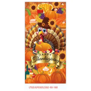 Detailed view of Happy Thanksgiving door banner with cartoon turkey and autumn harvest elements