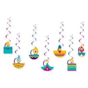 Colorful Diwali spiral hanging swirls set with traditional Diya lamp cutouts for party decor