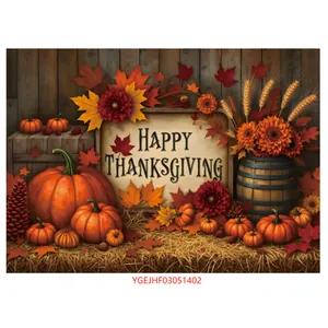 Happy Thanksgiving backdrop with pumpkins, autumn leaves and rustic harvest wood design