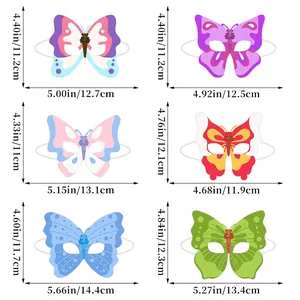 Size chart for 6 butterfly party masks with dimensions in inches and centimeters