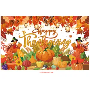 Happy Thanksgiving harvest backdrop with turkey, pumpkin and maple leaves for party decor