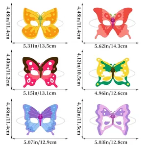Size guide for butterfly party masks in six colors with detailed measurements