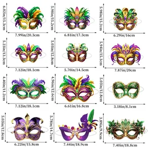 Tableau des tailles présentant 12 masques de carnaval brésilien avec dimensions