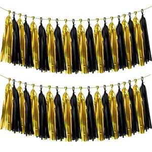 Guirlande de Glands en Papier d'Aluminium Métallique Noir Or pour Décoration de Fête d'Anniversaire Nouvel An Décor de Fond