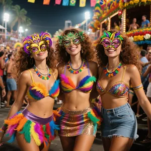 Trois masques de carnaval brésilien avec paillettes et plumes lors d'un défilé de rue