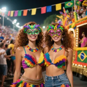 Détail de masques de carnaval violet et or avec des plumes multicolores vibrantes