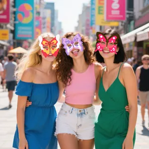 Three models wearing colorful butterfly party masks for girls' birthday masquerade events