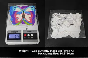 Detailed back view of butterfly masks set with elastic bands and packaging weight detail