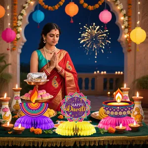 Lot de 3 décorations de table Diwali en papier alvéolé avec texte et motifs de lampes à huile
