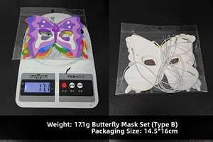 Weight and dimension detail of 6-pack colorful butterfly party masks with elastic band