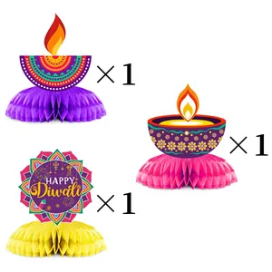 Lot de décorations de table Diwali en nid d'abeille avec lampes à huile et motifs mandala