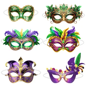 Lot de six masques de carnaval brésilien avec plumes vibrantes et motifs dorés élégants