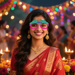 Happy Diwali festive paper party glasses worn by a woman for Indian holiday celebrations
