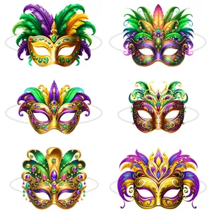 Lot de six masques de carnaval assortis avec plumes colorées et détails dorés