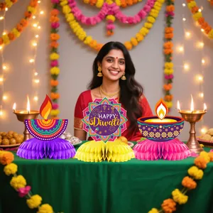 Lot de 3 centres de table en nid d'abeille avec mandala Happy Diwali et motifs de lampe