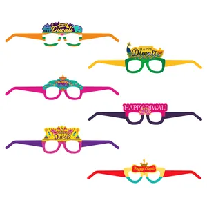 Set of 6 Happy Diwali paper glasses featuring peacock lotus and oil lamp party decor