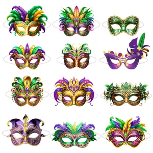 Détails de douze masques de carnaval colorés avec plumes et pierres précieuses