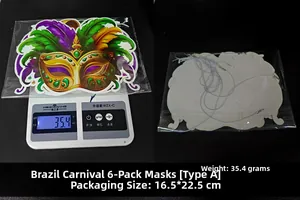Détail du lot de 6 masques de carnaval avec informations de poids et de dimensions