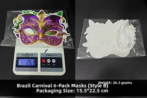Détail du lot de 6 masques de carnaval brésilien violet et or avec élastiques