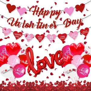 Valentine's Day party set with glitter banner, love balloons, and red rose petals