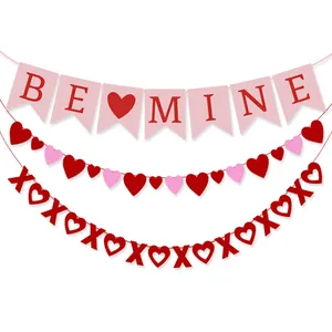 Detailed set of Valentine's Day party banners with red BE MINE and XOXO glitter hearts