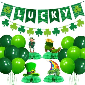 Detailed set of Saint Patrick's Day Lucky banners, green clover swirls, and paper honeycombs
