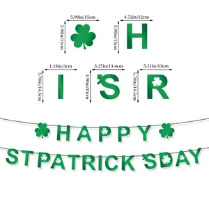 Detailed dimensions of St. Patrick's Day banner with green clover and happy letters