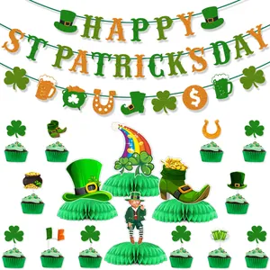 Detailed view of St. Patrick's Day party set with lucky shamrocks and green banners