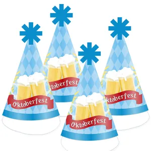 Set of 4 blue and white checkered Oktoberfest party hats with beer mug graphics