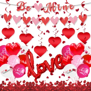 Valentine Day Party Banner Heart Latex Balloons Aluminum Foil Love Balloon Rose Petals Hanging Decor For Wedding Proposal