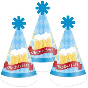 3-pack of blue and white checkered Oktoberfest party hats with beer mug and star top