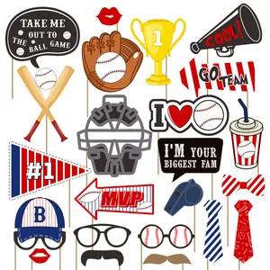 Baseball Party Photo Booth Props With Sticks Sport Theme Birthday Celebration Decorations Cardboard Glasses Trophy Gloves Signs
