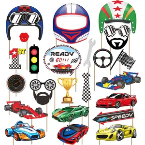 Voiture de Course Thème Sport Fête Accessoires de Photobooth Anniversaire Garçon Décoration Casques Voitures Drapeaux Trophées Carton Sur Bâtons de Bois