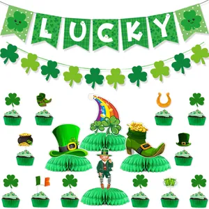 Detail of St. Patrick's Day party set with LUCKY banner and shamrock honeycomb decor