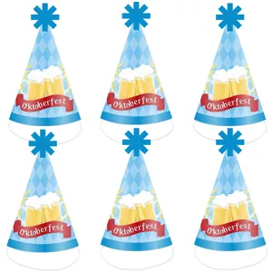 Set of 6 Oktoberfest party hats with blue white diamonds and beer mug illustrations
