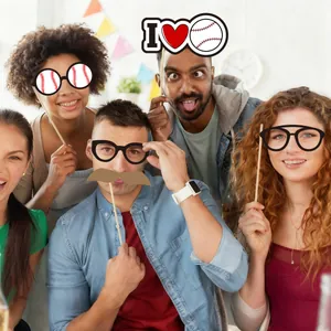 Group of friends using baseball theme photo booth props with I Love Baseball signs
