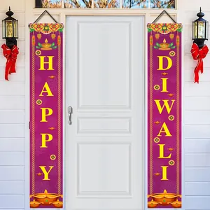 Happy Diwali Door Banner Polyester Indian Festival Hanging Porch Sign Peacock Diya Mandala Home Party Decoration