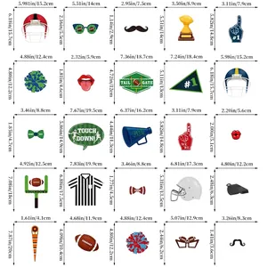 Tableau des tailles pour 25 accessoires photo de football américain avec dimensions cm/pouces