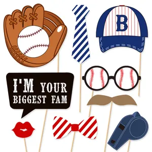 9-piece set of baseball party photo props including glove, cap, and bowtie on sticks